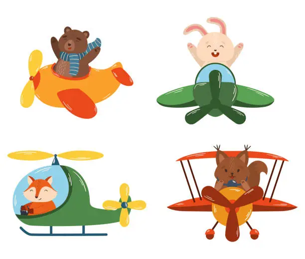 Vector illustration of Animals Flying On Airplanes And Helicopter. Cute Bear, Bunny, Fox And Squirrel Pilots Travel By Air. Toys For Kids