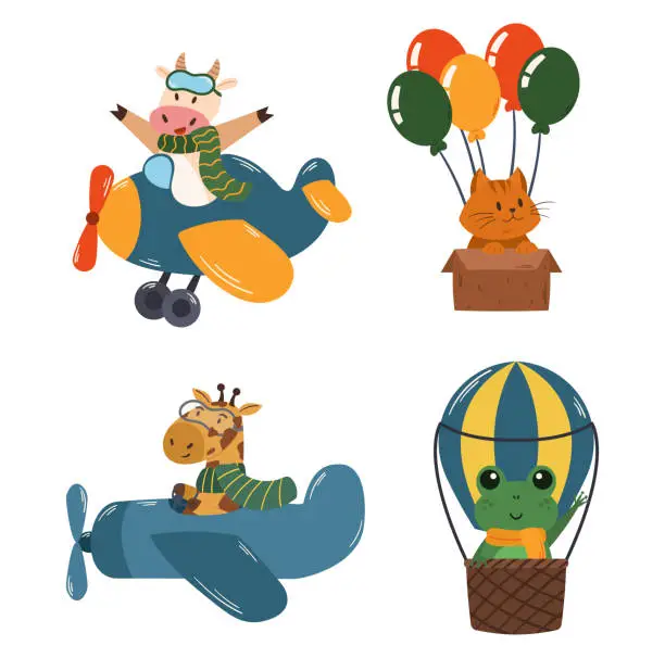 Vector illustration of Flying Animals Cow or Giraffe on Airplane, Kitten in Box and Frog on Air Balloon. Cute Characters Travel by Air, Pilots