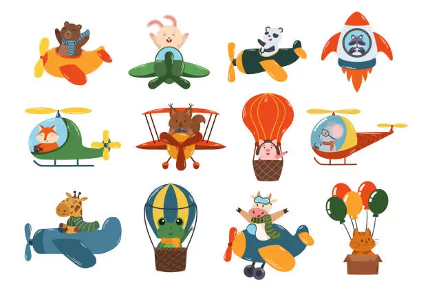 Vector illustration of Set Animals Flying On Airplane, Rocket, Helicopter And Air Balloon. Cute Bear, Bunny, Panda And Raccoon, Fox, Squirrel
