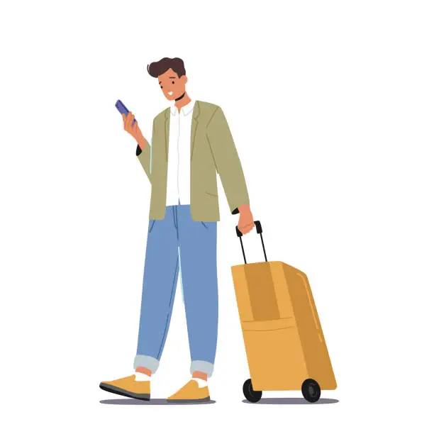 Vector illustration of Young Male Character in Summer Clothes Hold Luggage and Smartphone Isolated Vector Illustration on White Background