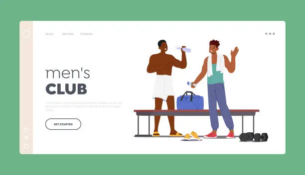 Vector illustration of Men Club Landing Page Template. Male Characters In Sports Locker Room. Young Men Change Clothes After Training