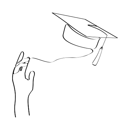 One line art with student tossing up his graduation cap. Trendy one line draw design graphic vector illustration.