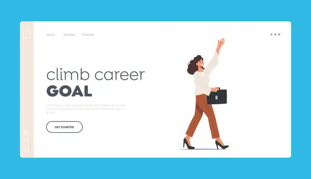 Vector illustration of Climb Career Goal Landing Page Template. Happy Female Character Waving Hand. Young Positive Woman in Formal Wear