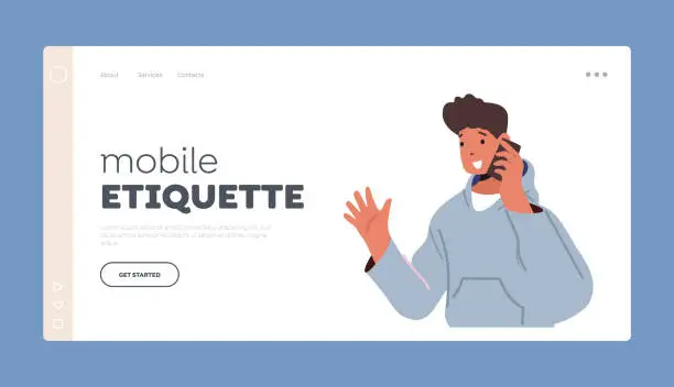 Vector illustration of Mobile Etiquette, Connection, Communication Landing Page Template. Cheerful Teenager Talking with Friend via Smartphone