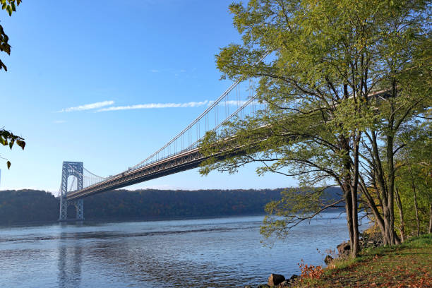 George Washington Bridge viewed from park beside Hudson River