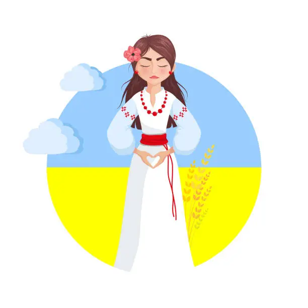 Vector illustration of Ukrainian girl in national dress show heart sign by hands. Blue and yellow colors. Vector illustration. No war in Ukraine. Support Ukraine concept.