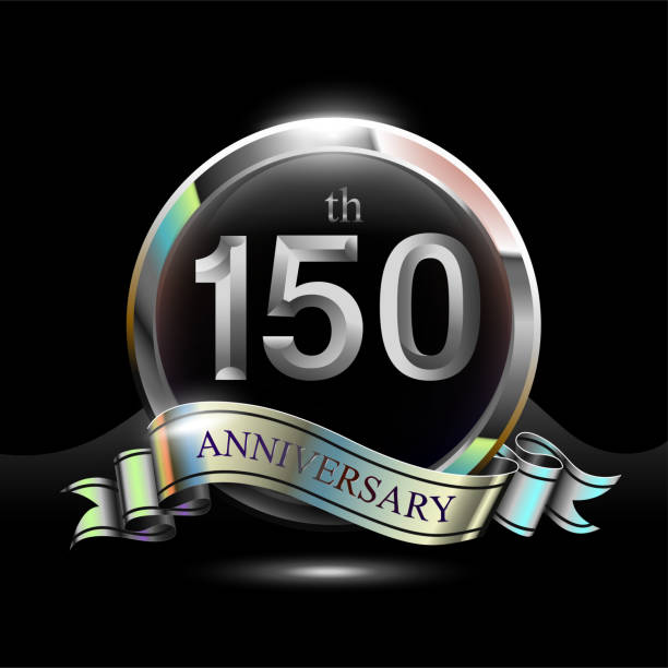 150th silver anniversary logo 150th silver anniversary logo, vector celebration design with ring and ribbon. 150th anniversary stock illustrations
