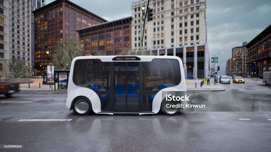 Autonomous electric bus self driving on street, Smart vehicle technology concept, 3d render Bus Stock Photo