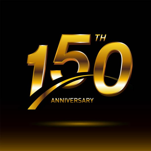 150 years golden anniversary logo celebration golden anniversary logo celebration with shiny swoosh on dark background 150th anniversary stock illustrations