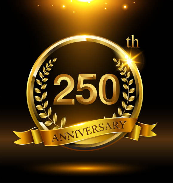 istock 250th golden anniversary logo with ring and ribbon,wreath 1437599801