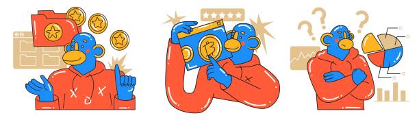 istock Set with Monkey crypto investor concepts. Data analysis, audit of business, trends and markets. Investment, startup, search for new successful business ideas. Cartoon style in vector illustration. 1437602313