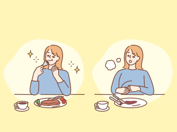 ilustrações de stock, clip art, desenhos animados e ícones de illustration of the meal (hungry, satiety, after meals, diet, binge eating). hunger, fullness, after eating, diet, binge eating. - meat steak over eating women