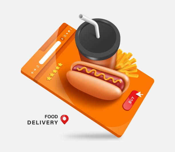 illustrations, cliparts, dessins animés et icônes de tasse pour boissons gazeuses, saucisses ou hot-dogs, frites français placé sur un navigateur web - hamburger refreshment hot dog bun