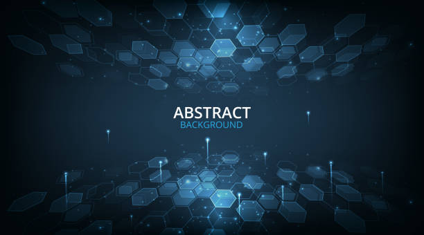 шестигранная геометрическая структура на темно-синем фоне. - abstract chemical science electronics industry stock illustrations