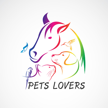 Vector group of pets - Horse, dog, cat, bird, butterfly, rabbit isolated on white background. Pet Icon, Easy editable layered vector illustration. Animal group.