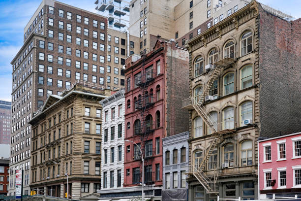 Ornate old 19th century office buildings in Tribeca district of New York City stock photo