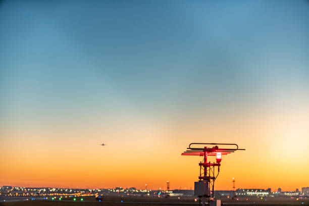A warning sign light in Pearson International airport at dusk, Ontario, Canada.
