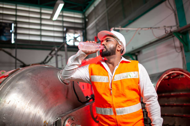 istock Professional engineers with helmets work to maintain industrial construction equipment. The worker is thirsty and drink refreshing water. 1437611159