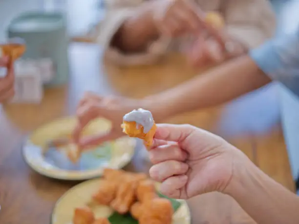 Photo of Concept breakfast THAI STYLE , Chinese doughnut sticks or deep-fried dough sticks with green .  orange and purple steamed custard