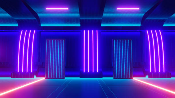 istock 3d render of flash neon and light glowing on dark scene. Speed light moving lines. 1437612198