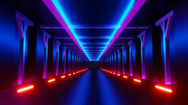 istock 3d render of flash neon and light glowing on dark scene. Speed light moving lines. 1437612199