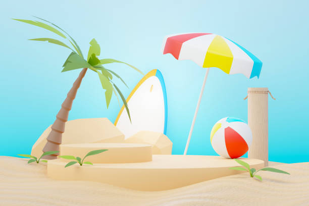 render 3d venta de verano podio stand para mostrar producto. escena de vacaciones en la playa en verano para maquetas. - 5461 fotografías e imágenes de stock