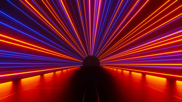 istock 3d render of flash neon and light glowing on dark scene. Speed light moving lines. 1437612245
