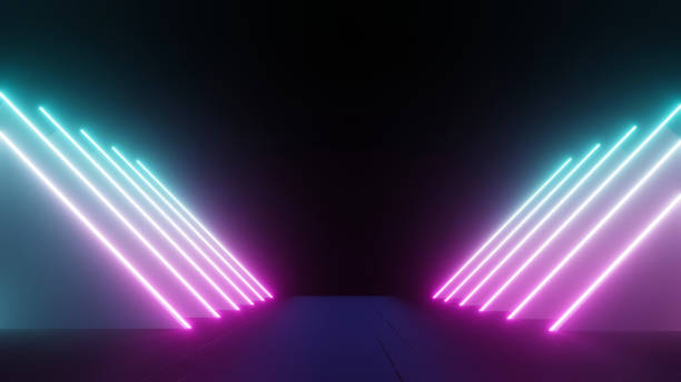 istock 3d render of flash neon and light glowing on dark scene. Speed light moving lines. 1437612940