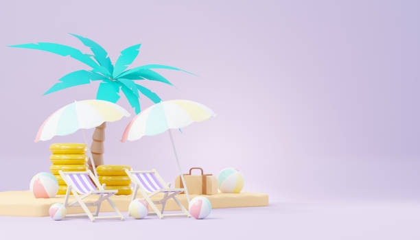 3d render estande de pódio de venda de verão para mostrar produto. cena de férias na praia no verão para maquete. - 5611 - fotografias e filmes do acervo