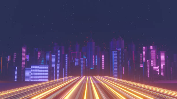 istock 3d render of Cyber night mega city landscape scene. Light glowing and reflection on dark tech scene. Night life. Technology network for 5g. Beyond futuristic of Sci-Fi Capital city and building scene. 1437616583
