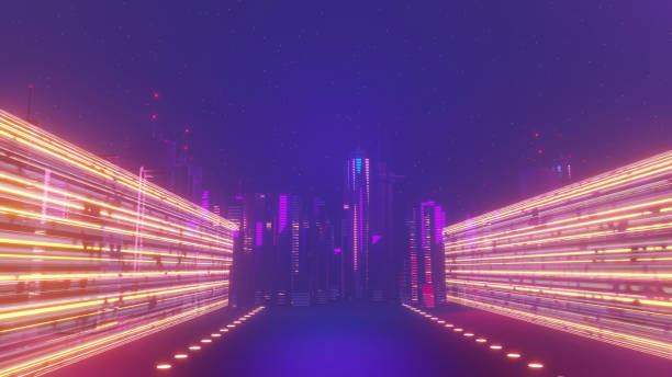 istock 3d render of Cyber night mega city landscape scene. Light glowing and reflection on dark tech scene. Night life. Technology network for 5g. Beyond futuristic of Sci-Fi Capital city and building scene. 1437616595