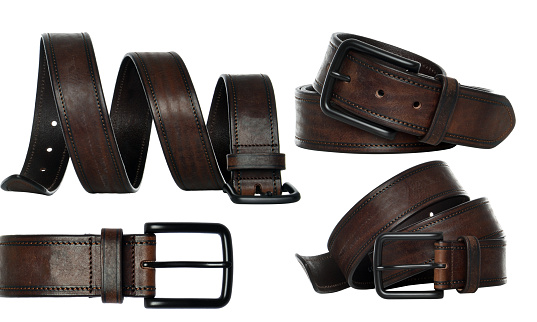 Images of a man's leather belt on a white background