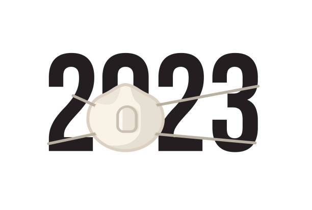 цифры 2023 года в респираторной маске, символ против covid. постер новогоднего мероприятия, обложка поздравительной открытки, дизайн календаря  - masc stock illustrations