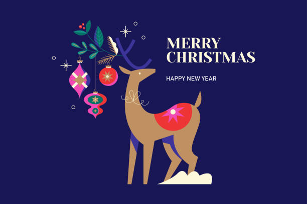 Christmas greeting card design with reindeer and decorations. Template background for sodila media, greeting card, party invitation or website marketing. Vector illustration vector art illustration