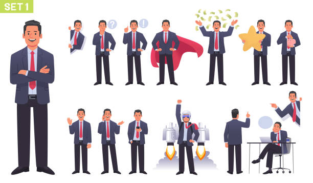 Big set of businessman character. Business man or entrepreneur in different poses and actions. Manager thinks, works Big set of businessman character. Business man or entrepreneur in different poses and actions. Manager thinks, works, launches a startup. Vector illustration in flat style cartoon of rich man stock illustrations