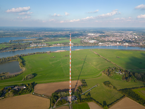 The broadcasting tower with a steel framework construction in North Rhine-Westphalia. The transmitter is broadcasting FM radio, digital radio (DAB) and television (DVB-T) programs.