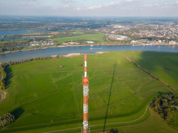 The broadcasting tower with a steel framework construction in North Rhine-Westphalia. The transmitter is broadcasting FM radio, digital radio (DAB) and television (DVB-T) programs.