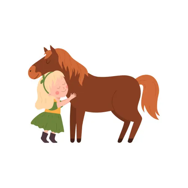 Vector illustration of Girl petting a horse, flat cartoon vector illustration isolated on white.