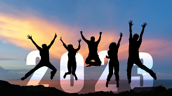 Silhouette happy business teamwork jumping congratulation and celebrate in Happy New year 2023 for change new life future concept. Freedom lifestyle group people team jump part of Number 2023 success