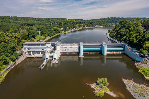Hydroelectric Plant and Dam at a lake in North Rhine-Westphalia. The hydropower plant has a capacity of 9 Megawatts.