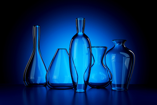 Empty glass vases realistic 3d render illustration on blue background