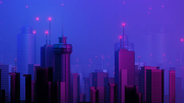 istock 3d render of Cyber night mega city landscape scene. Light glowing and reflection on dark tech scene. Night life. Technology network for 5g. Beyond futuristic of Sci-Fi Capital city and building scene. 1437626297