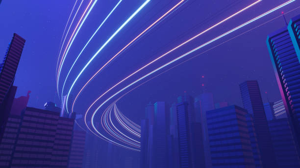 istock 3d render of Cyber night mega city landscape scene. Light glowing and reflection on dark tech scene. Night life. Technology network for 5g. Beyond futuristic of Sci-Fi Capital city and building scene. 1437626488