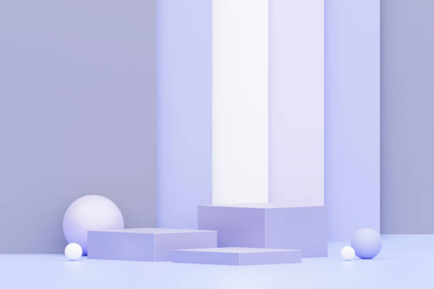 istock 3d render Pastel Green minimal background with podium stand. Purple stage platform for cosmetic product presentation and advertising. Studio scene with showcase pedestal in clean design. 1437626579