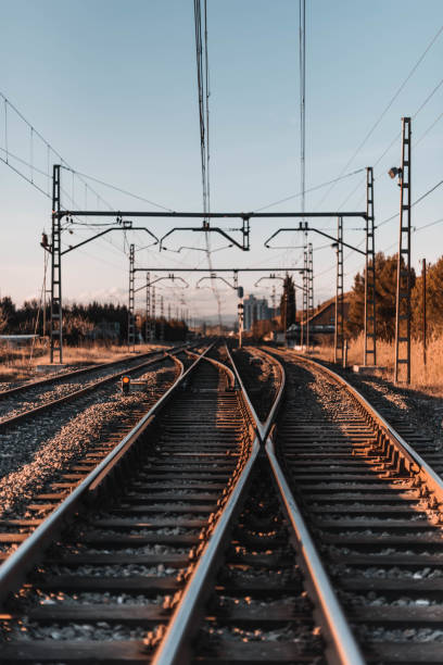 istock Vertical shot of old railways at sunset 1437627064