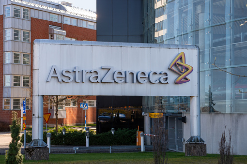Gothenburg, Sweden – April 17, 2020: AstraZeneca in Gothenburg is one of three strategic global R&D centres in medicine. A big sign with the company logotype just outside the entrance.
