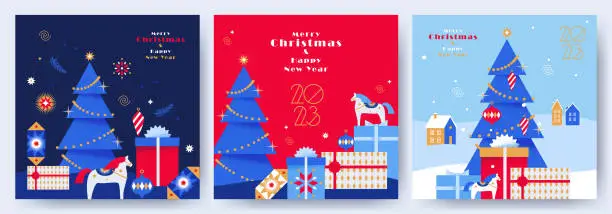 Vector illustration of Merry Christmas and Happy New Year greeting card, banner, poster, holiday cover Set. Modern trendyXmas design in blue, red, gold, white colors. Christmas tree, balls, fir branch, toys, gifts elements.