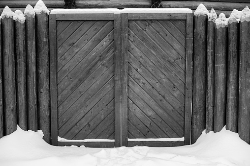 Old wooden gate in the palisade. Gate covered in snow. A protective fence made of logs with sharp upper ends.