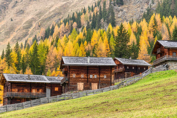 Idyllic Mountain village with wooden chalets at 1800m in Innervillgraten Valley, Osttirol, Austria 24.10.2022