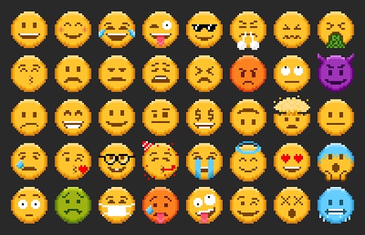Pixel emoji, emoticon smiles and 8 bit face icons, vector happy, sad and angry set. Pixel emoji or cute smiles with laugh or love emotions, message chat emoticons and expression smiles, pixel stickers
